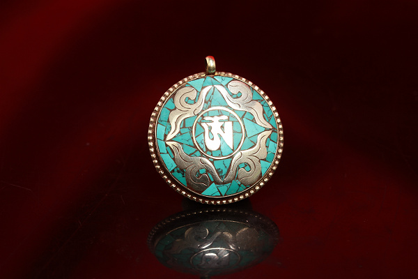 Nepal Handmade Turquoise Om Mani Padme Hum Brass Pendant